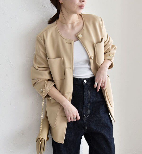 quaranciel「quaranciel:〈手洗い可能〉ジャージー ゴールドボタン クルーネック ジャケット」|ノーカラージャケット|