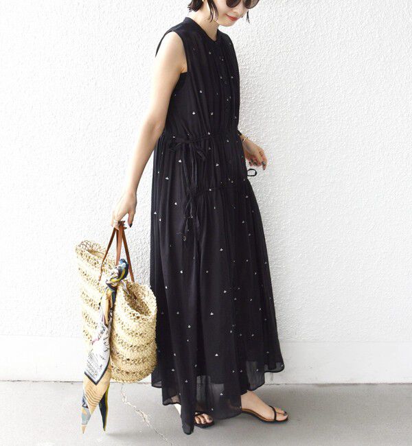 SHIPS for women「《一部追加予約》〈手洗い可能〉コットン オーガンジー 刺繍 ウエスト ドロスト ワンピース」|ワンピース|