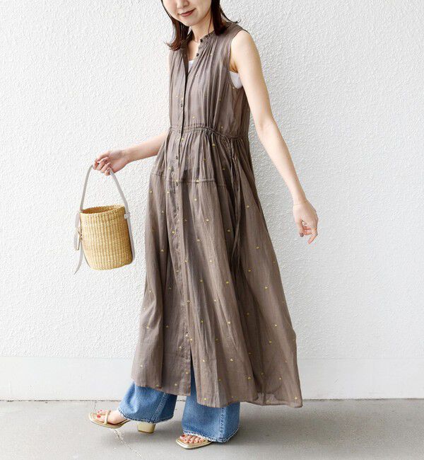 SHIPS for women「《一部追加予約》〈手洗い可能〉コットン オーガンジー 刺繍 ウエスト ドロスト ワンピース」|ワンピース|カーキ