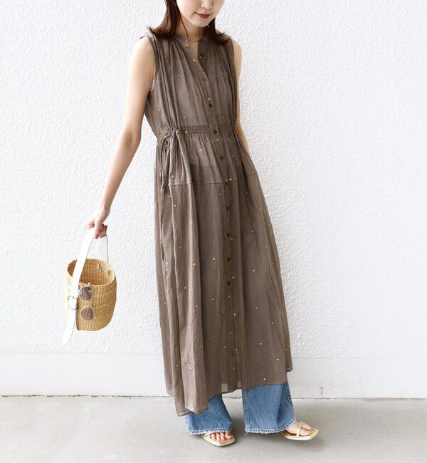 SHIPS for women「《一部追加予約》〈手洗い可能〉コットン オーガンジー 刺繍 ウエスト ドロスト ワンピース」|ワンピース|