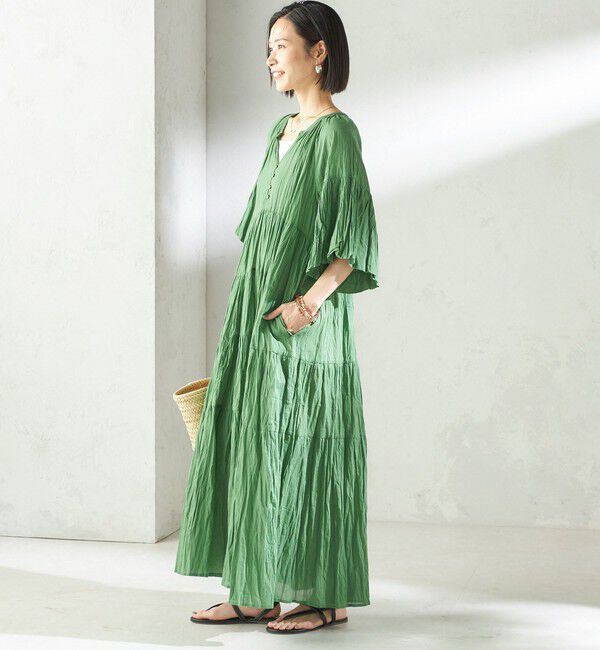 SHIPS for women「【SHIPS別注】Fanaka:〈手洗い可能〉クリンクル 袖 フレア ワンピース」|ワンピース|