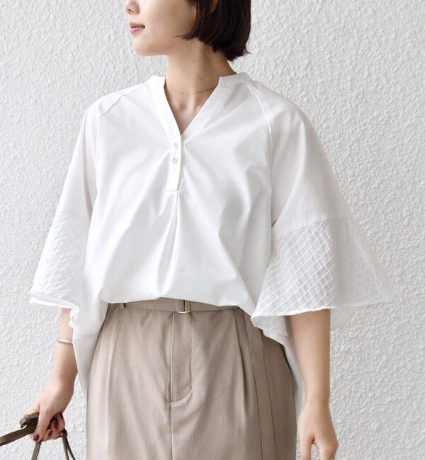 SHIPS for women「〈手洗い可能〉シアー ボーダー フレア スリーブ 半袖 ブラウス」|シャツ・ブラウス|ホワイト