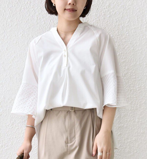 SHIPS for women「〈手洗い可能〉シアー ボーダー フレア スリーブ 半袖 ブラウス」|シャツ・ブラウス|