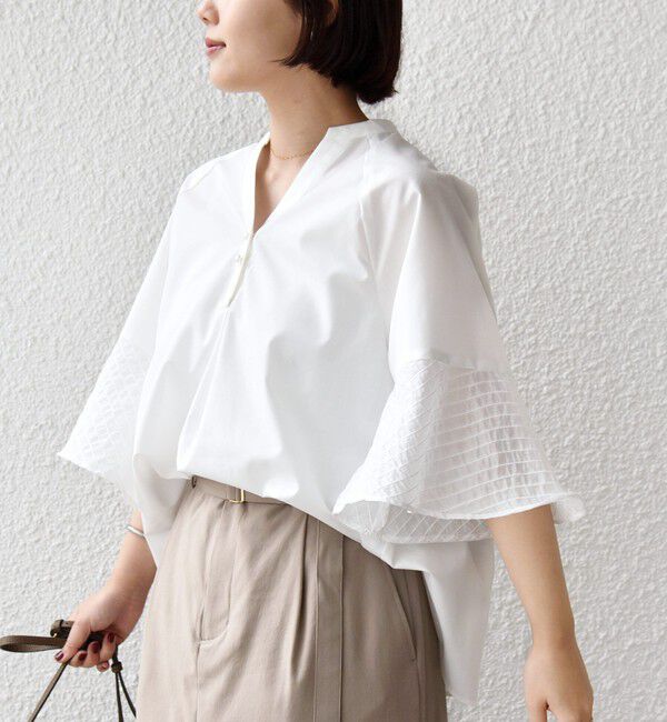 SHIPS for women「〈手洗い可能〉シアー ボーダー フレア スリーブ 半袖 ブラウス」|シャツ・ブラウス|