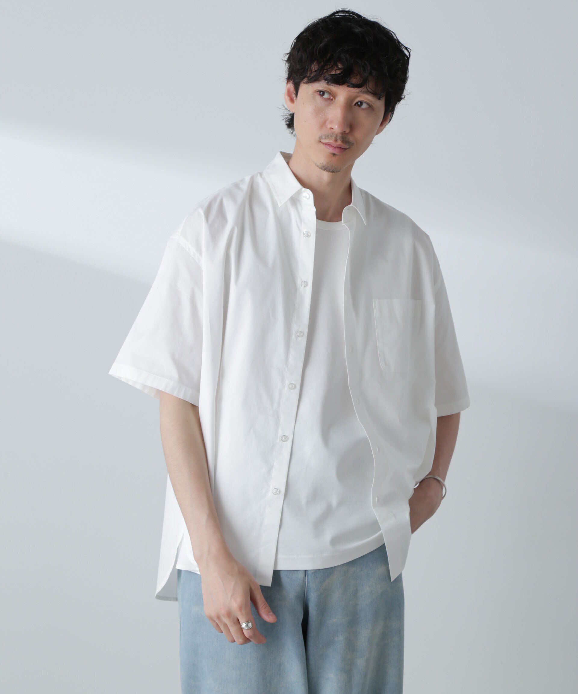 nano･universe「BIGシャンブレーシャツ 半袖」|シャツ・ブラウス|ホワイト