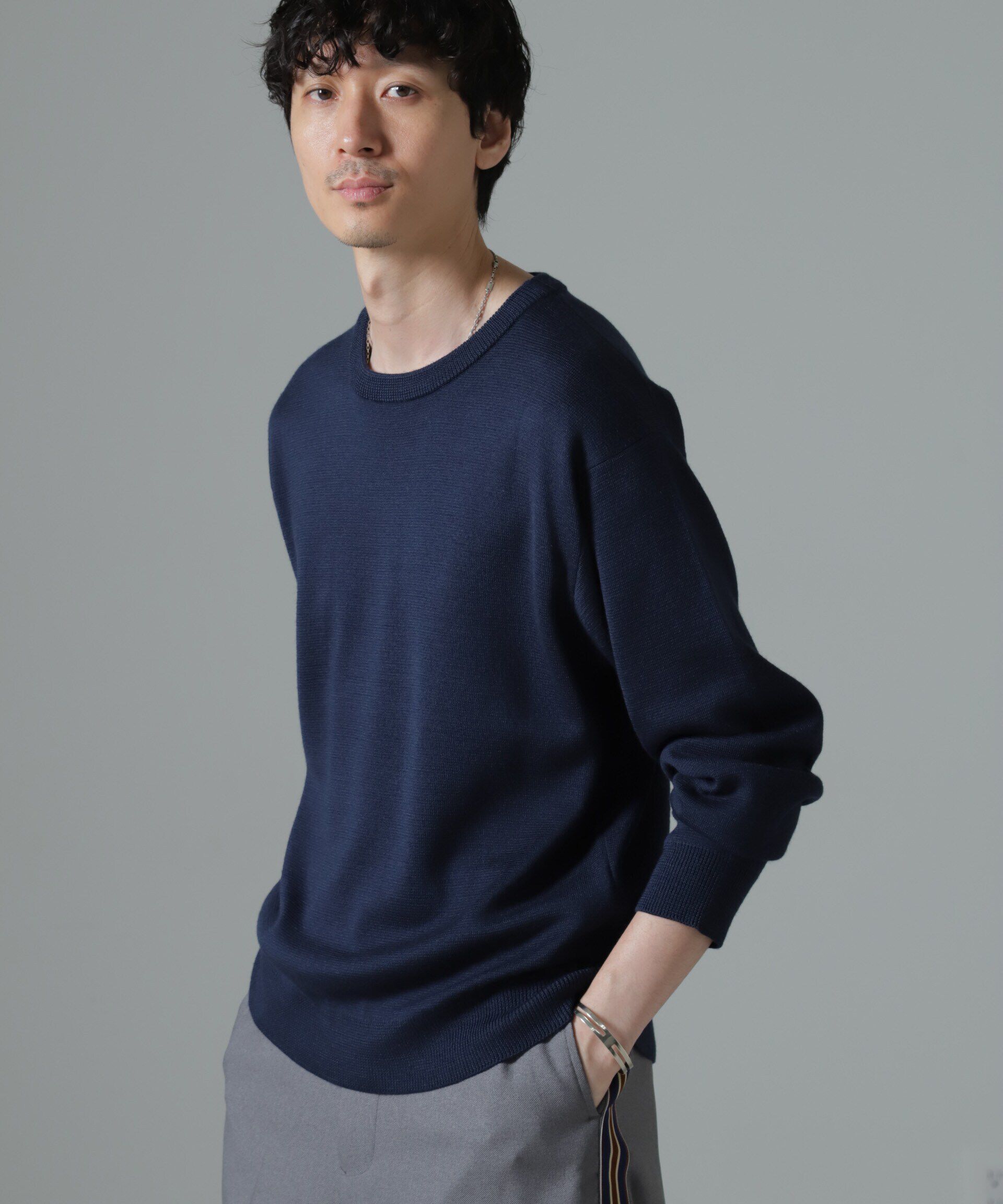 nano･universe「タスマニアミックス ミラノリブリラックスクルーネックニット」|ニット・セーター|ネイビー