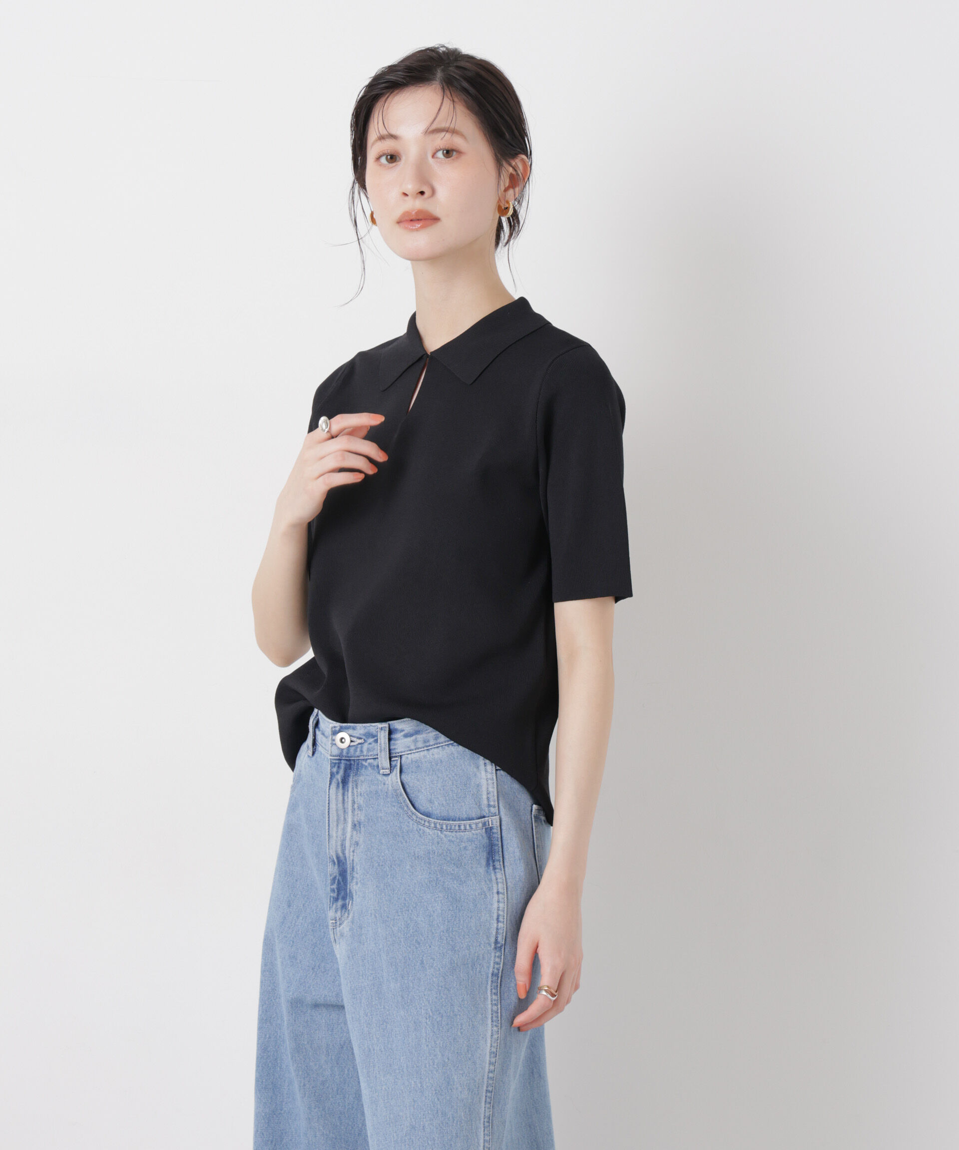 nano･universe「洗濯機洗い可UVカット接触冷感衿付き半袖ポロニット」|ニット・セーター|