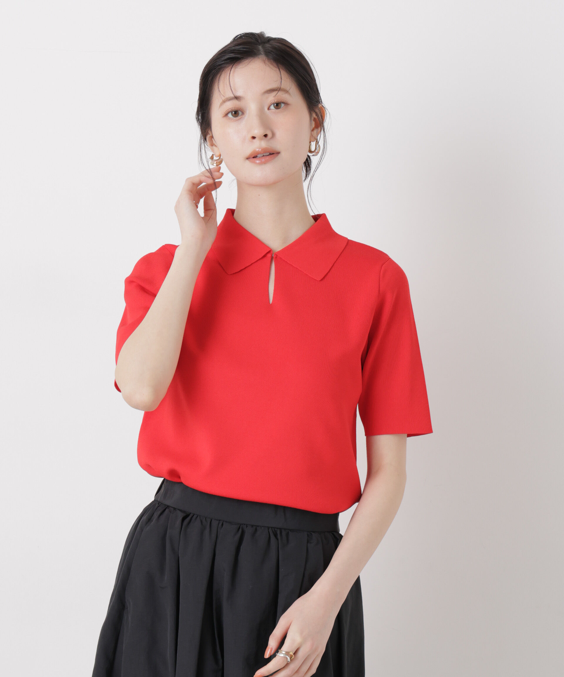 nano･universe「洗濯機洗い可UVカット接触冷感衿付き半袖ポロニット」|ニット・セーター|レッド