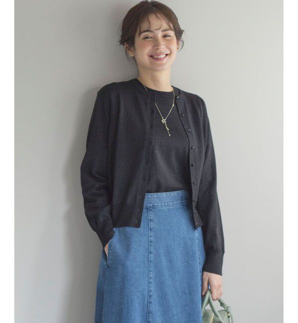 組曲「【WEB限定・2SET】5分袖ラメ入りアンサンブルニット」|カーディガン|ブラック系