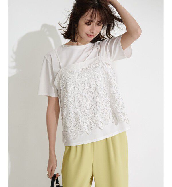 23区「【好評につき新色追加/汗じみ防止】エンブロイダリージャージー レースキャミソール付き カットソー」|Tシャツ・カットソー|ホワイト系