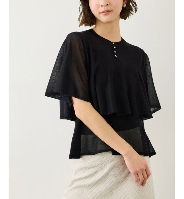 ROPE「LEVITA ティアードフリルニットプルーオーバー/接触冷感・イージーケア」|Tシャツ・カットソー|ブラック(01)