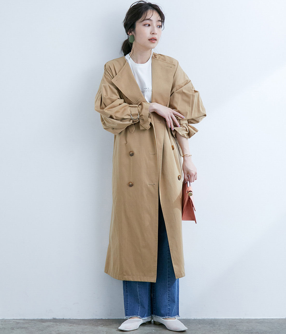VIS「【撥水】【花粉ガード】ノーカラー袖ボリュームコート」|トレンチコート|