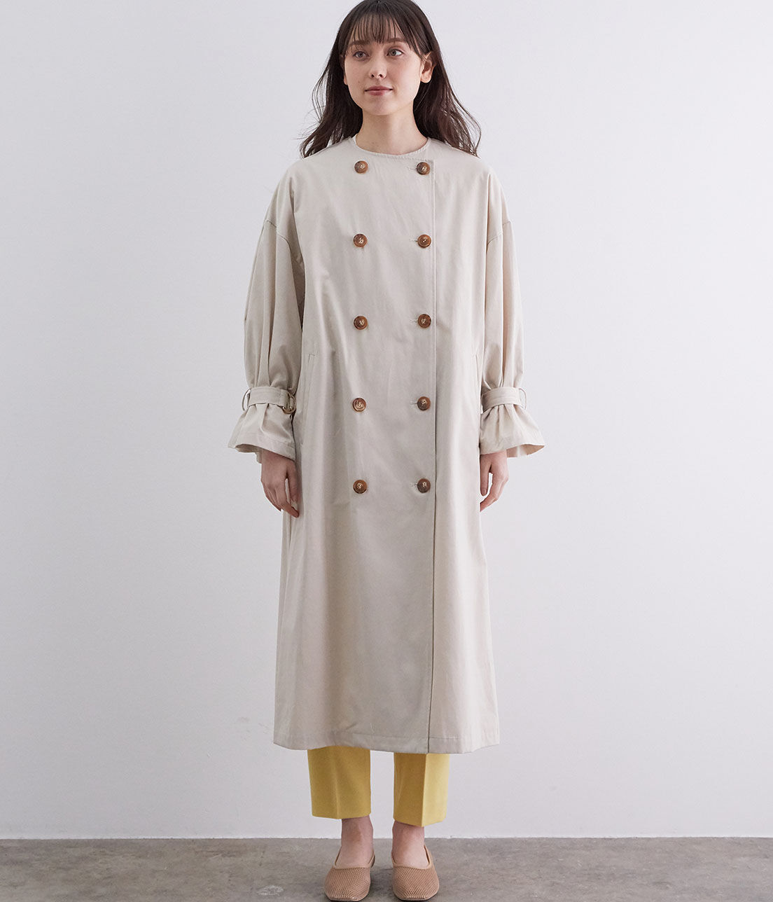 VIS「【撥水】【花粉ガード】ノーカラー袖ボリュームコート」|トレンチコート|