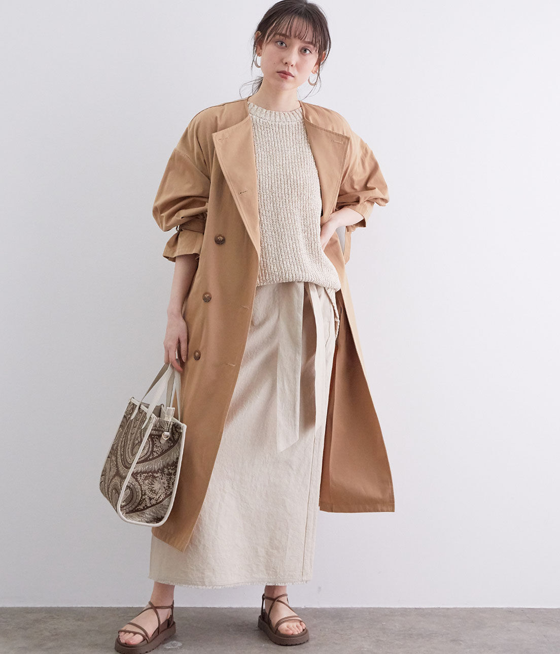 VIS「【撥水】【花粉ガード】ノーカラー袖ボリュームコート」|トレンチコート|