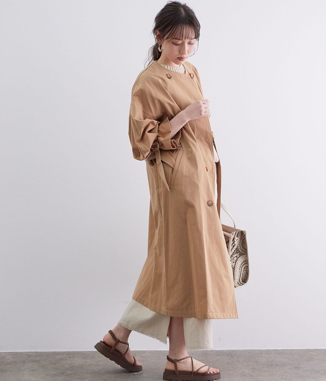 VIS「【撥水】【花粉ガード】ノーカラー袖ボリュームコート」|トレンチコート|