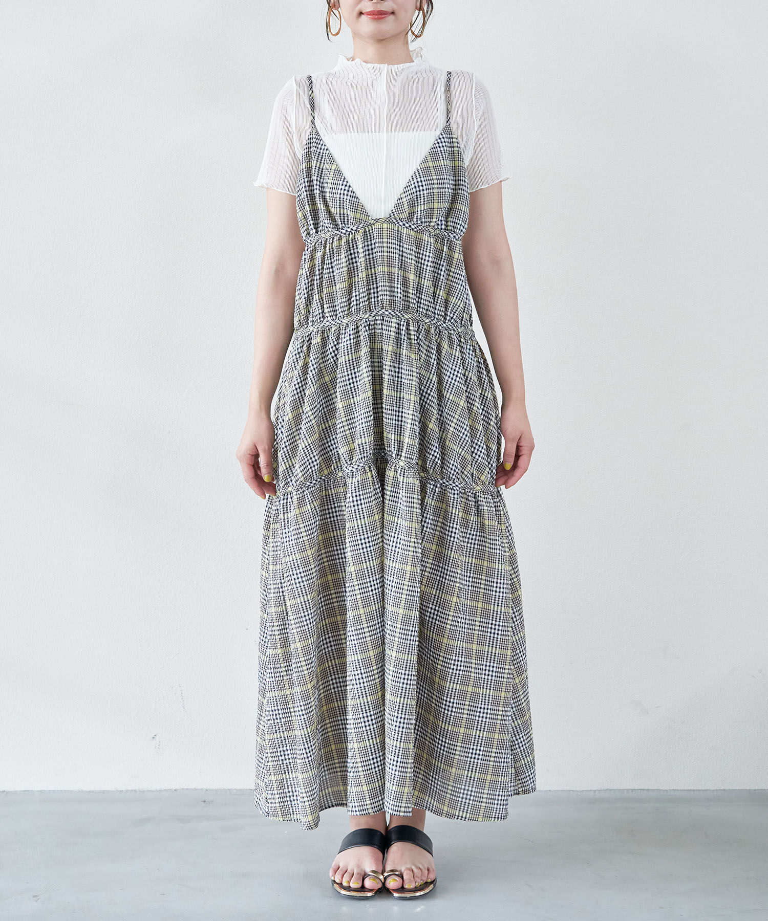 VIS「ふくれチェックキャミワンピ」|ジャンパースカート|