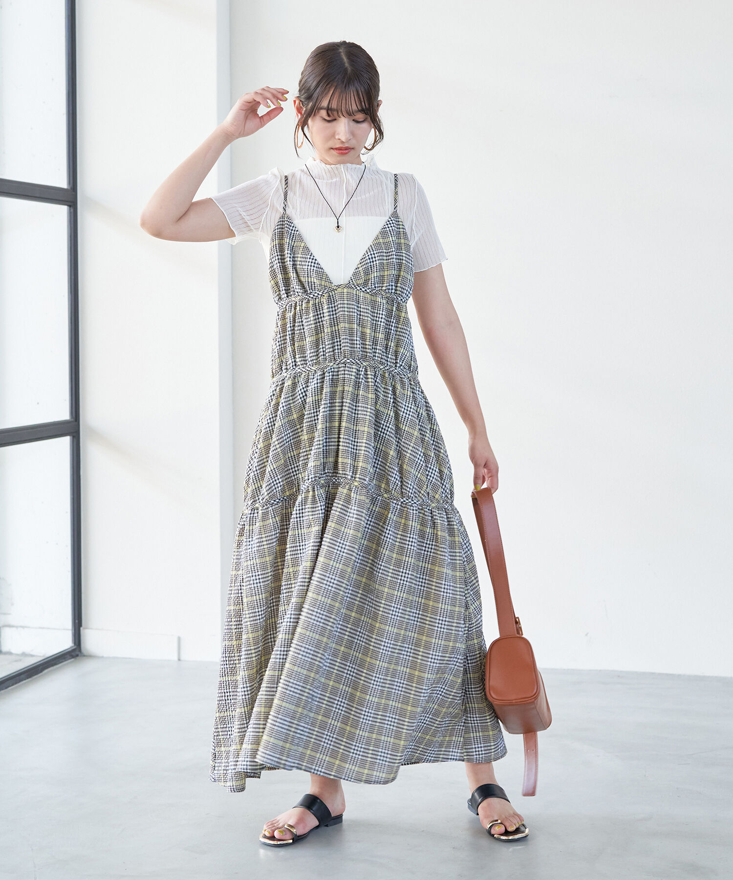 VIS「ふくれチェックキャミワンピ」|ジャンパースカート|