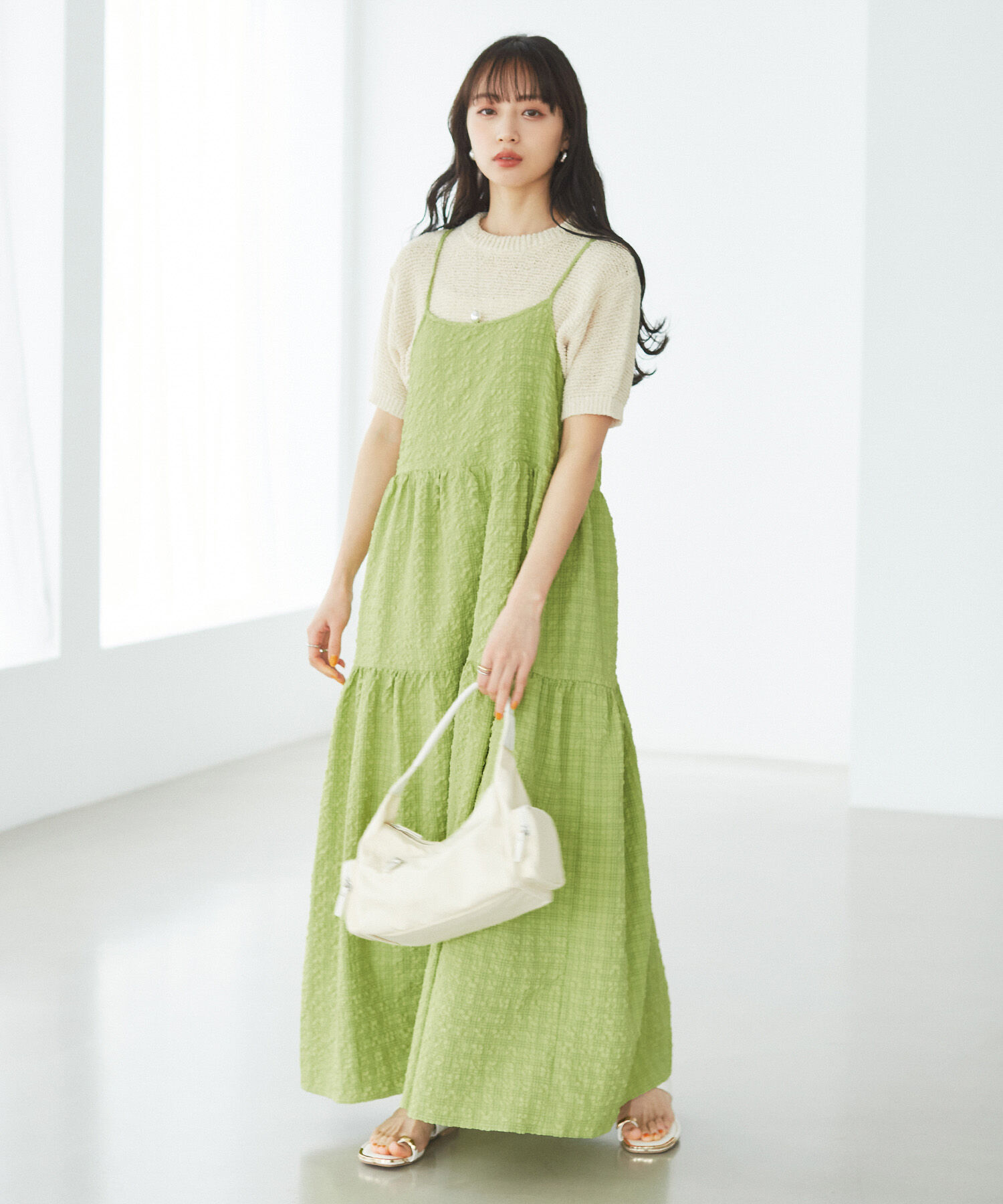 VIS「【洗える】ぽこぽこチェック柄ティアードキャミワンピース」|ワンピース|