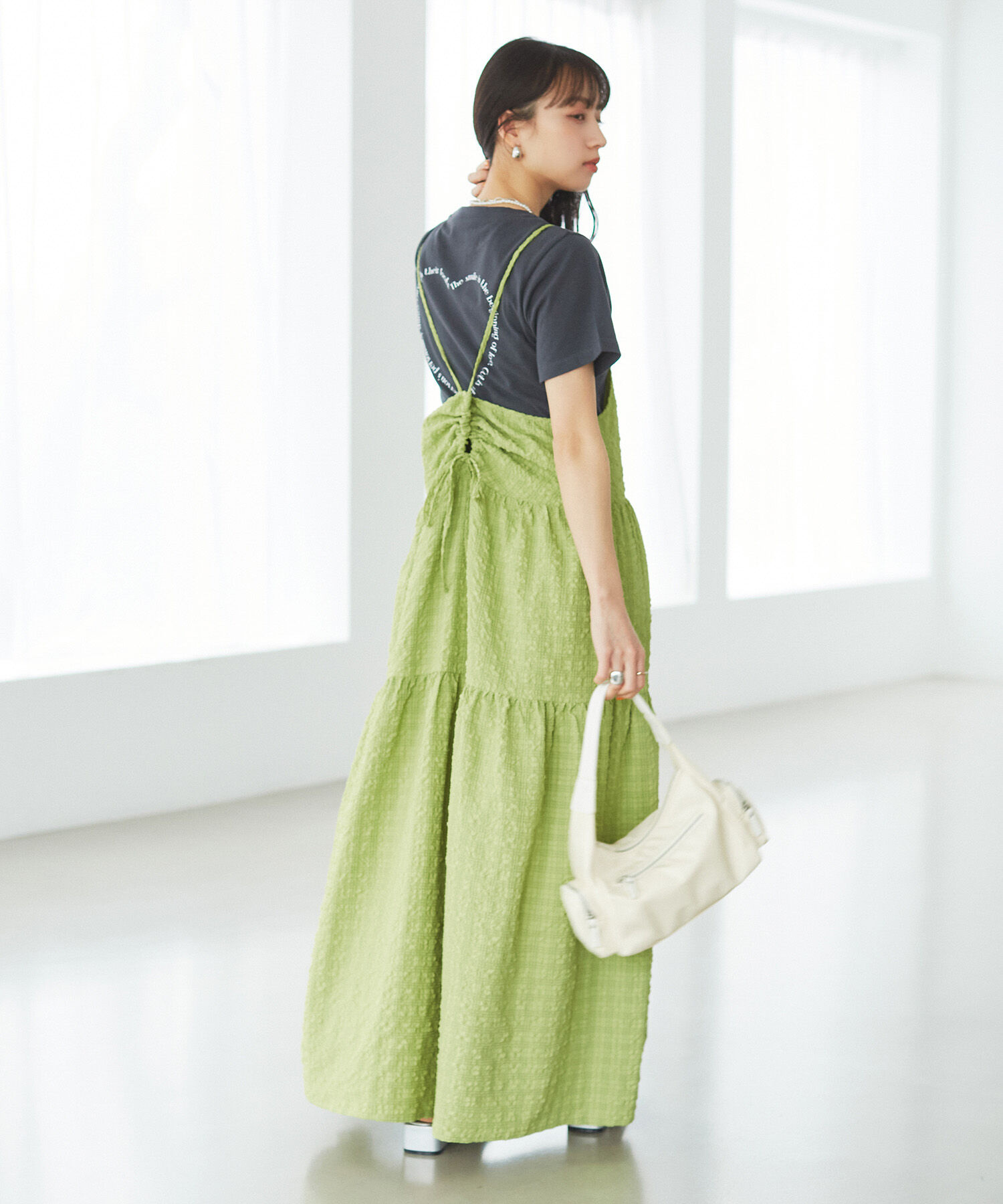 VIS「【洗える】ぽこぽこチェック柄ティアードキャミワンピース」|ワンピース|