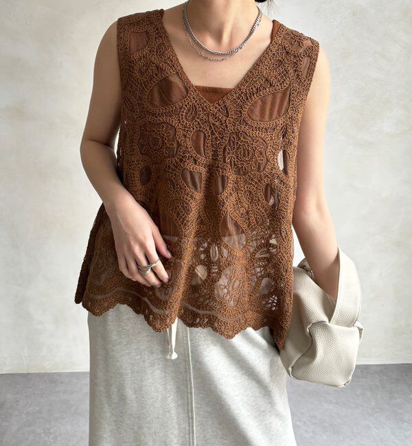  「刺繍前後2WAYレースタンク」|シャツ・ブラウス|キャメル