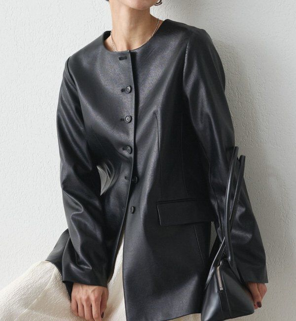  「ノーカラーフェイクレザージャケット」|ベスト・ジレ|ブラック