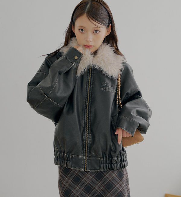  「【ファー取り外し可能】フェイクレザールーズジップブルゾン」|ブルゾン・スタジャン|