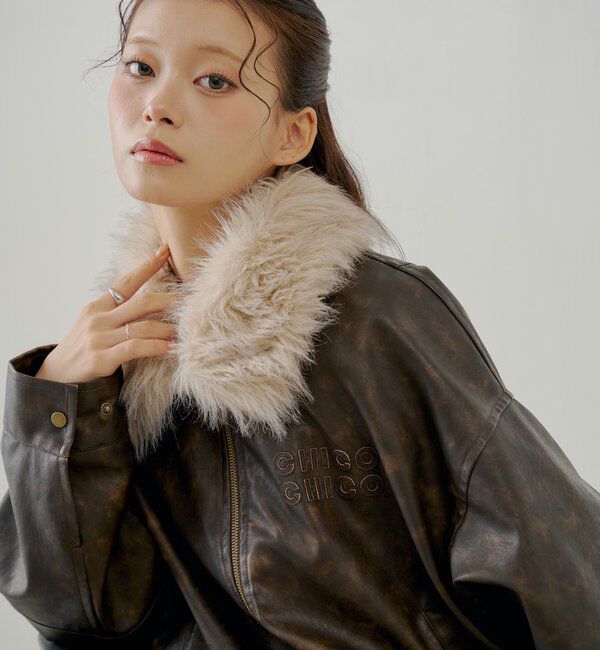  「【ファー取り外し可能】フェイクレザールーズジップブルゾン」|ブルゾン・スタジャン|