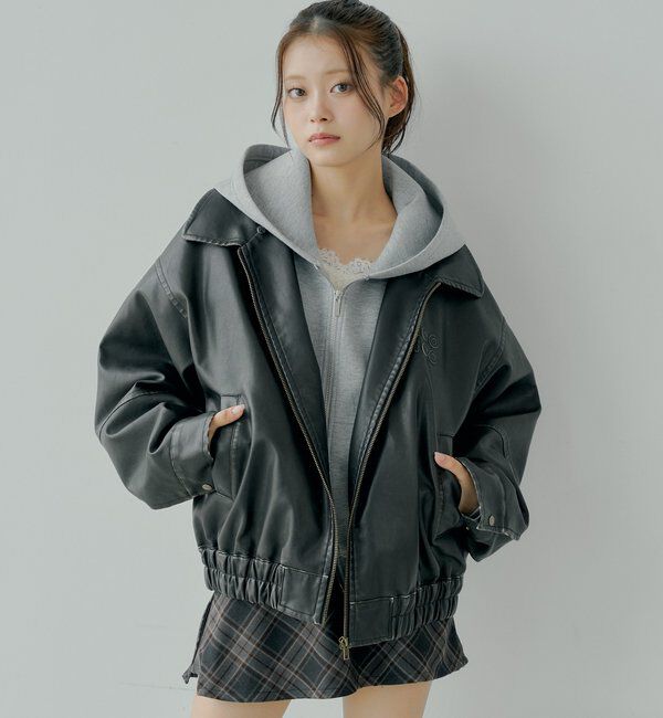  「【ファー取り外し可能】フェイクレザールーズジップブルゾン」|ブルゾン・スタジャン|