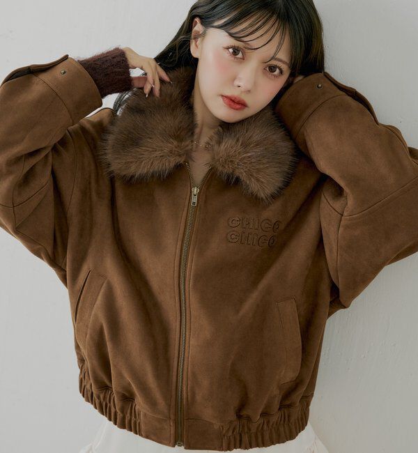  「【ファー取り外し可能】フェイクレザールーズジップブルゾン」|ブルゾン・スタジャン|ブラウンその他3