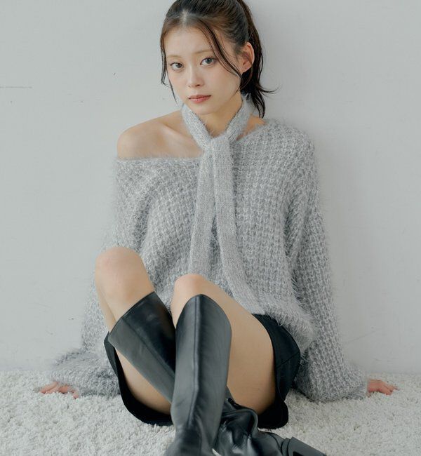  「タイ付きメランジルーズニット」|ニット・セーター|グレー