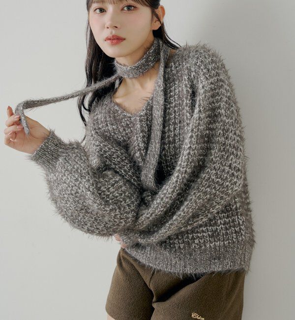  「タイ付きメランジルーズニット」|ニット・セーター|チャコールグレー