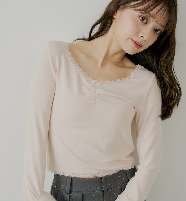  「前後2wayレースギャザーロンT」|Tシャツ・カットソー|