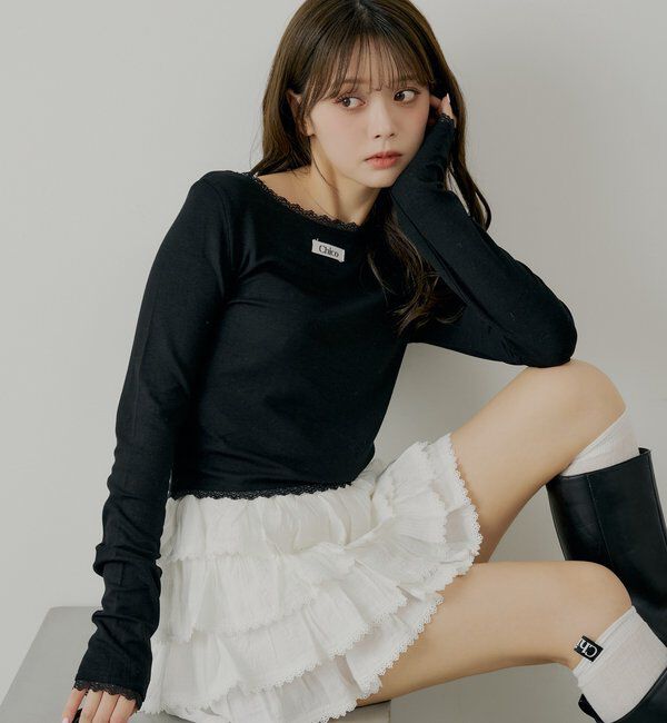  「前後2wayレースギャザーロンT」|Tシャツ・カットソー|ブラック