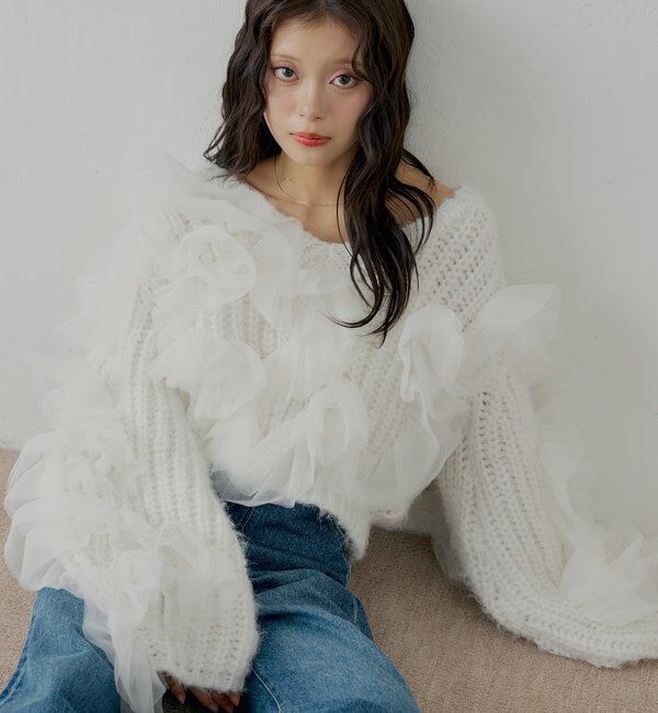  「【SALON by Chico】ランダムチュールドッキングニット」|ニット・セーター|アイボリー