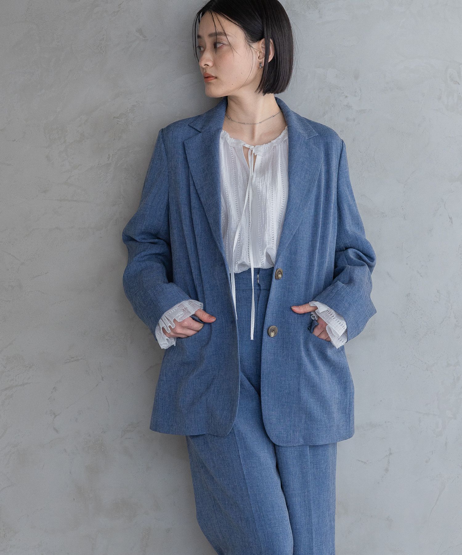 A part by 「【多機能・Sサイズ展開】リネンライクシングルジャケット」|テーラードジャケット|ブルー
