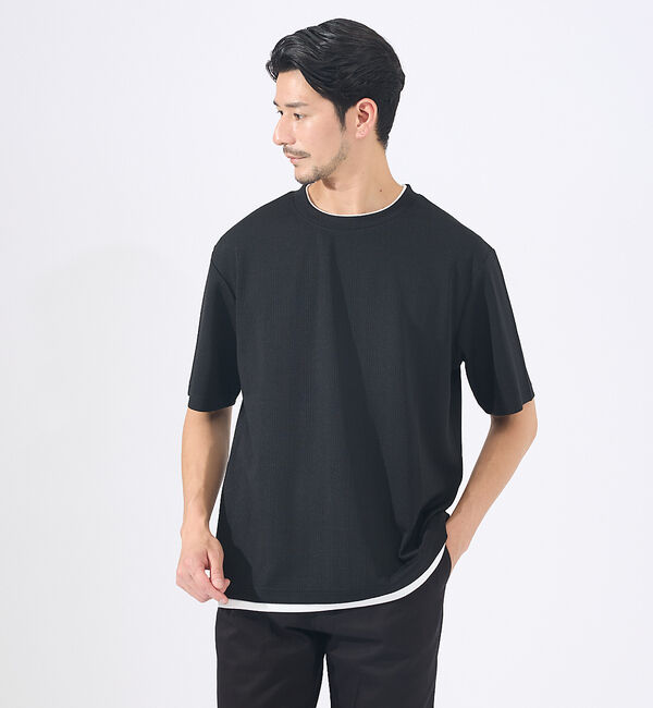 ABAHOUSE「【レイヤード】ストライプ ジャガード 半袖Tシャツ」|Tシャツ・カットソー|ブラック