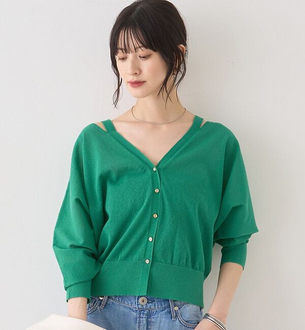 Rouge vif「ネックスリットVネックシアーカーディガン/ニット」|カーディガン|グリーン