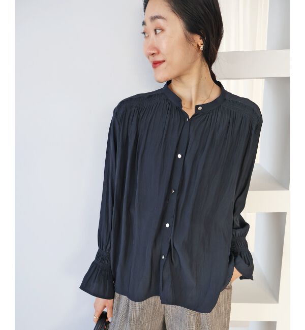  「パウダーサテンショルダーギャザーブラウス」|シャツ・ブラウス|ネイビー