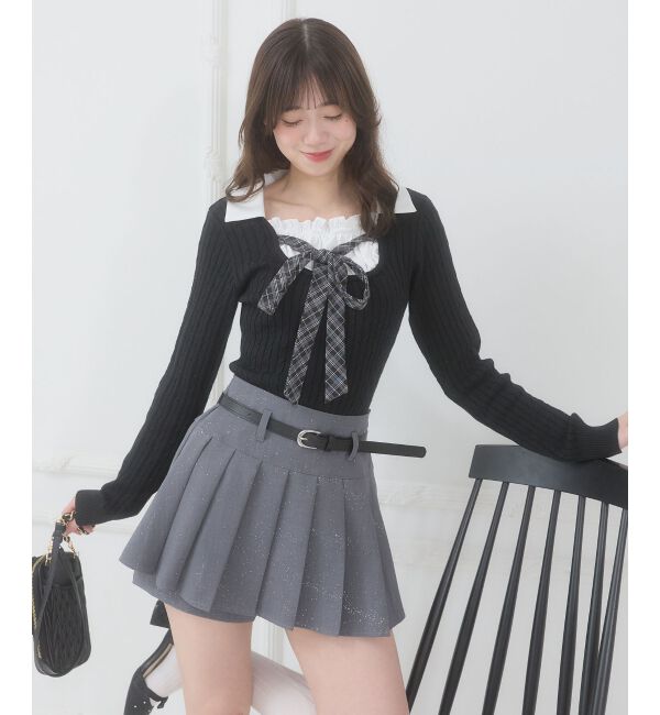  「◎チェックリボンレイヤードライクニット」|ニット・セーター|