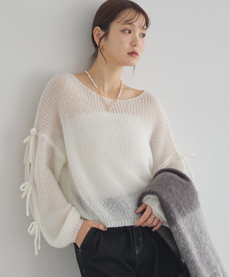earth music&ecology「サイドリボン透かしニットプルオーバー」|ニット・セーター|Off White