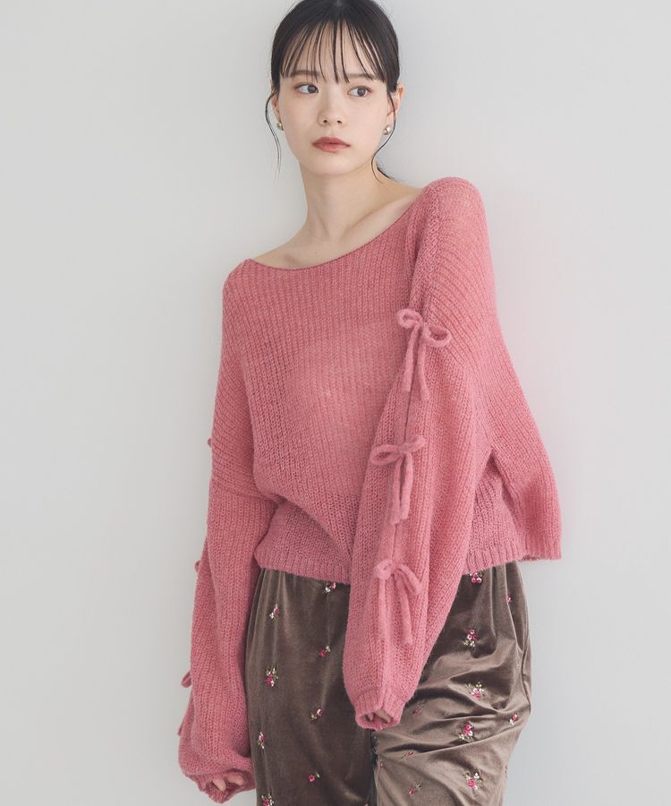 earth music&ecology「サイドリボン透かしニットプルオーバー」|ニット・セーター|Pink