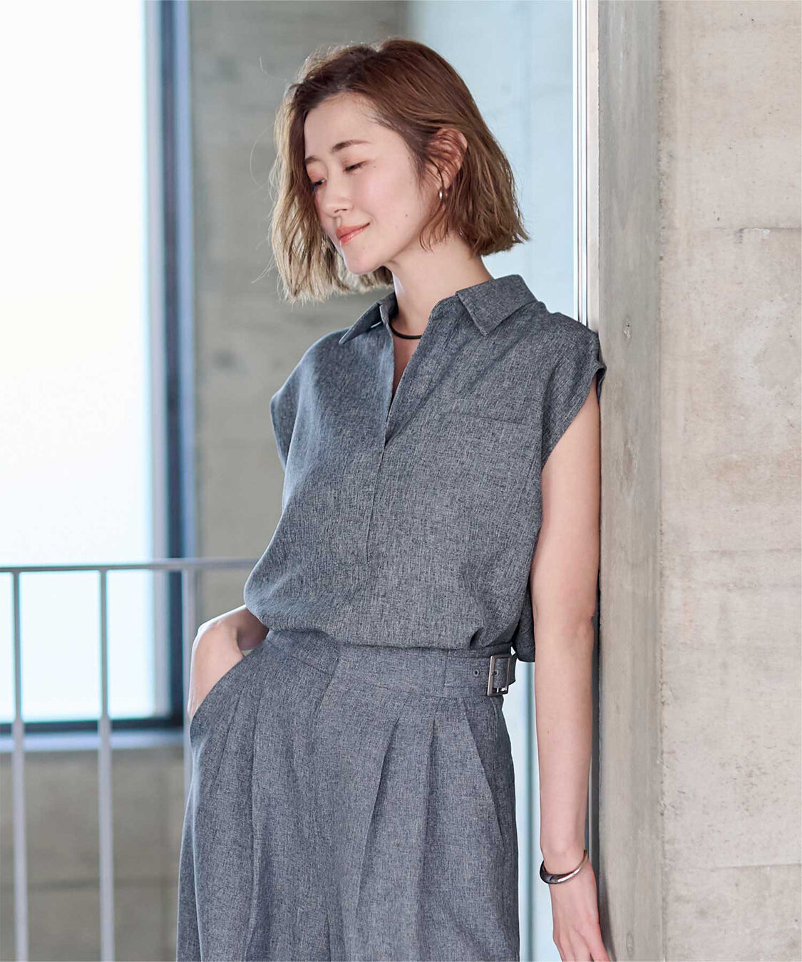 ur's「リネンライクフレンチスリーブスキッパーブラウス」|シャツ・ブラウス|杢ネイビー