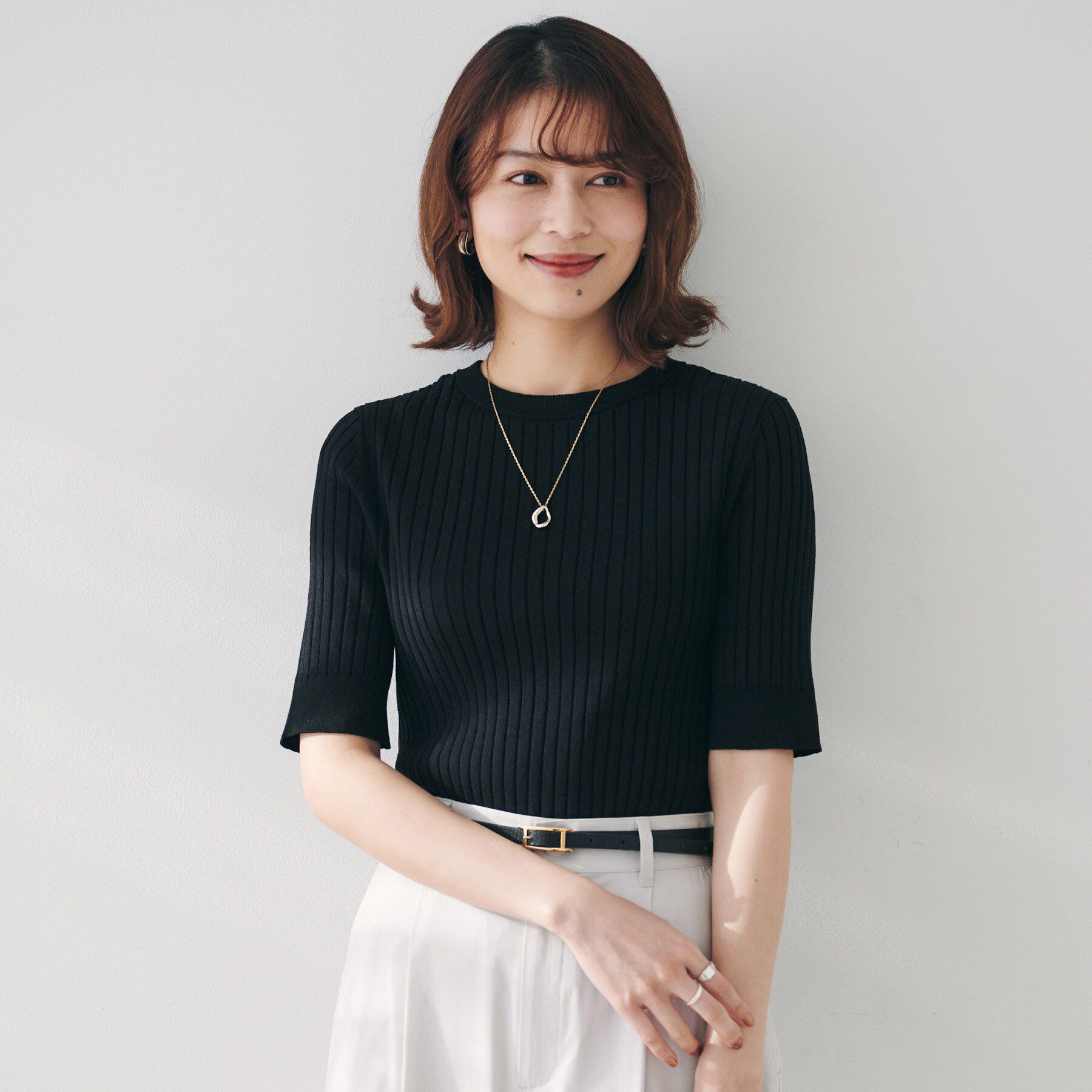 UNTITLED「【五分袖/タイト】コットンリネン2WAYニット」|ニット・セーター|ブラック(019)