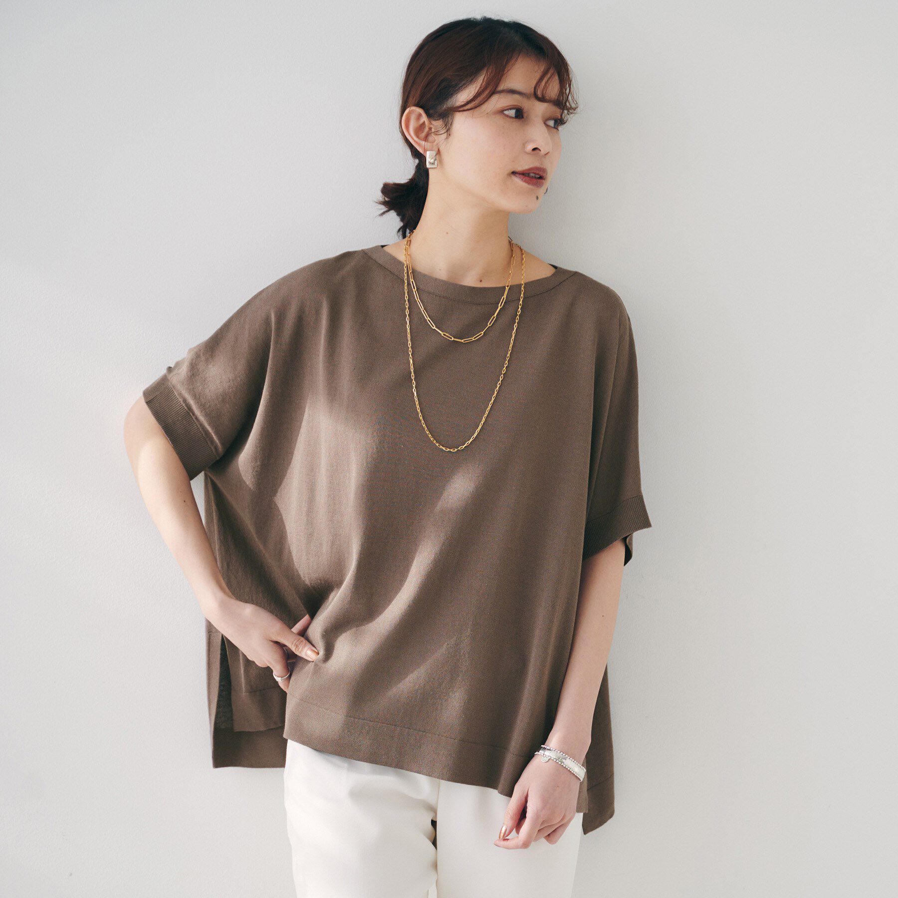 UNTITLED「【体型カバー/手洗い可】コットンリネン ワイドプルオーバーニット」|ニット・セーター|モカブラウン(042