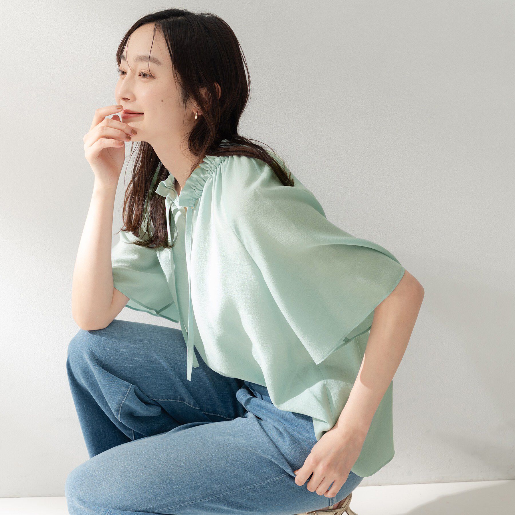 UNTITLED「【シアー/首元フリル】シルキーシフォンブラウス」|シャツ・ブラウス|ミントグリーン(02