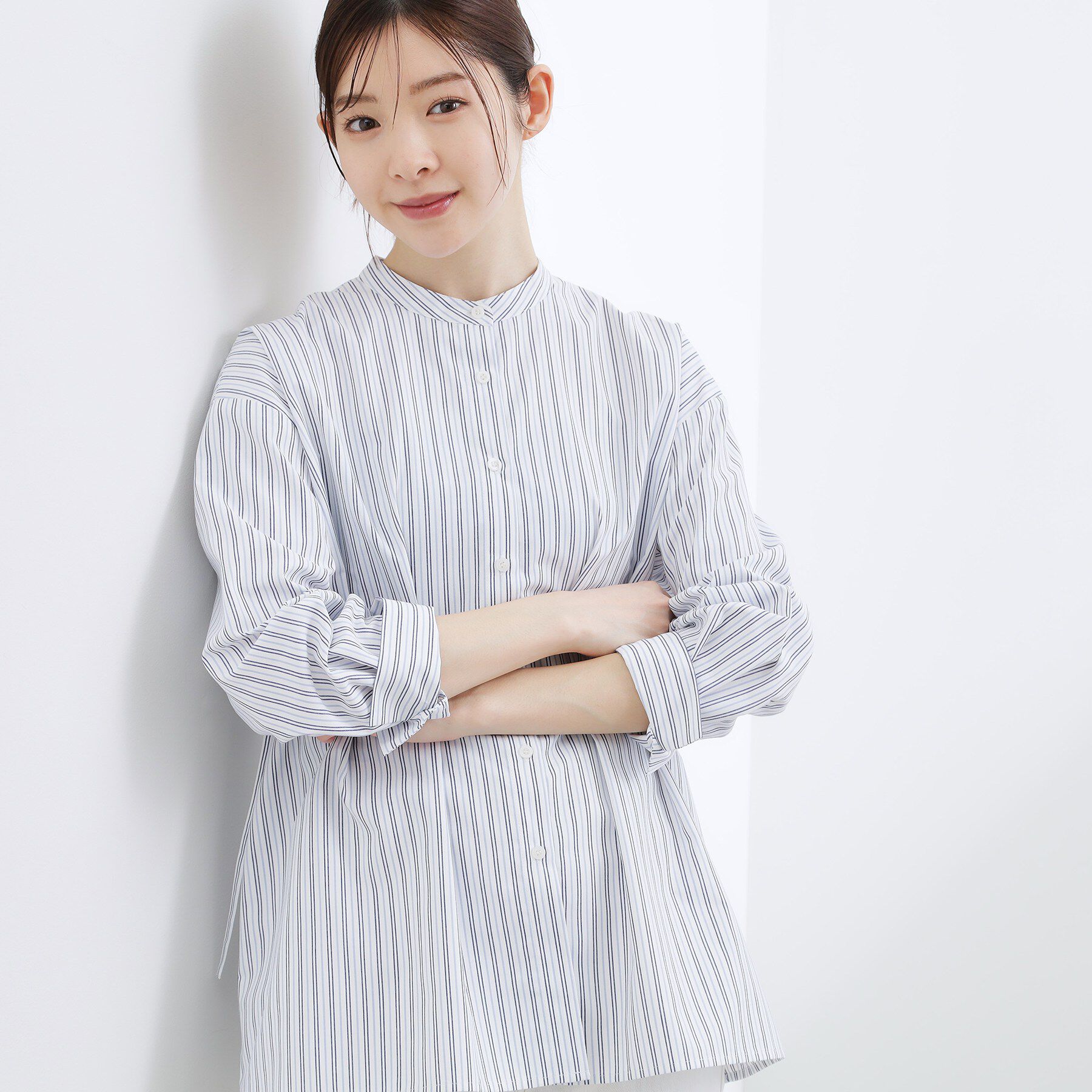 grove「【体型カバー】ウエストタック スタンドネックシャツ」|シャツ・ブラウス|ブルーストライプ(3