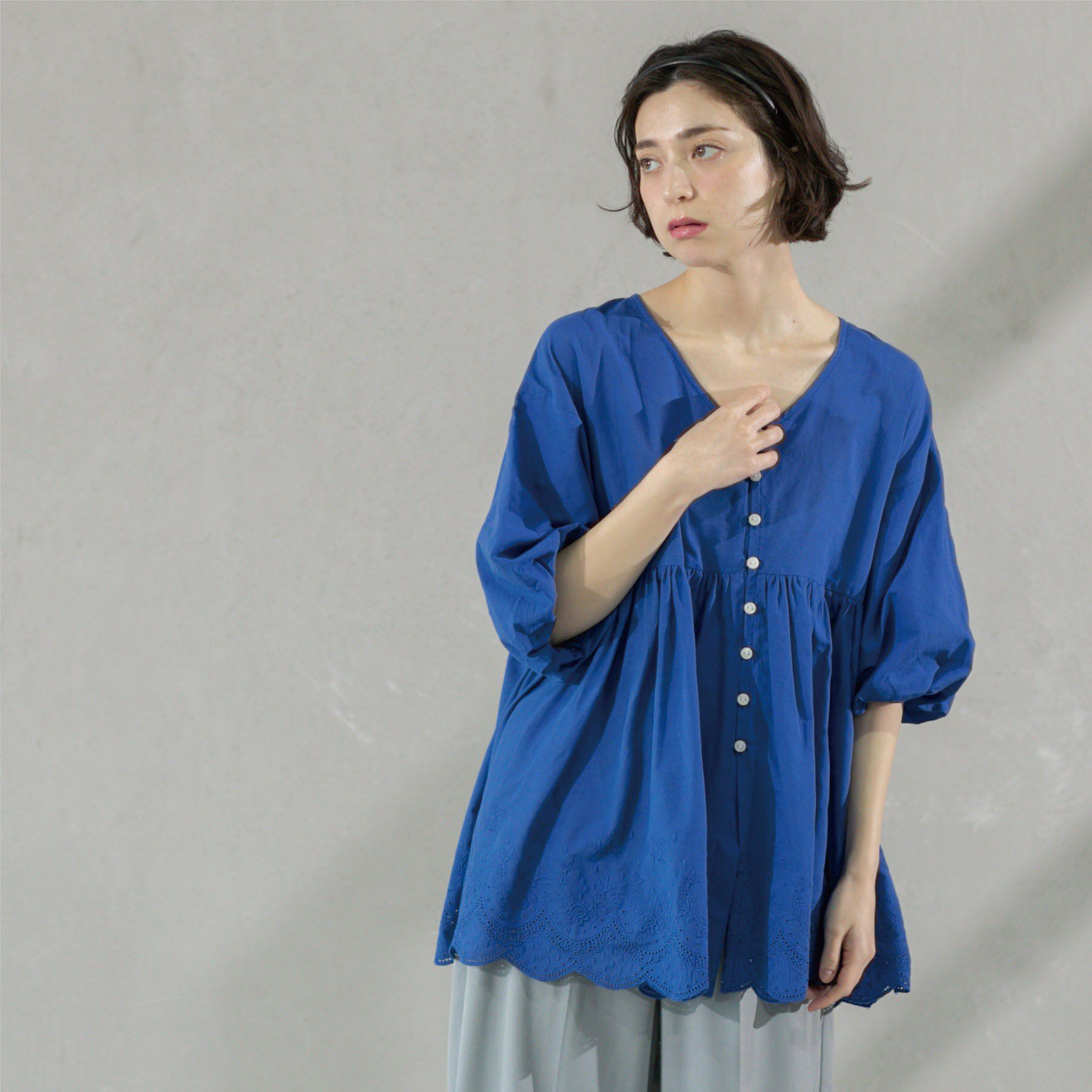 OPAQUE.CLIP「バルーン袖スカラップ刺繍レースチュニック」|シャツ・ブラウス|