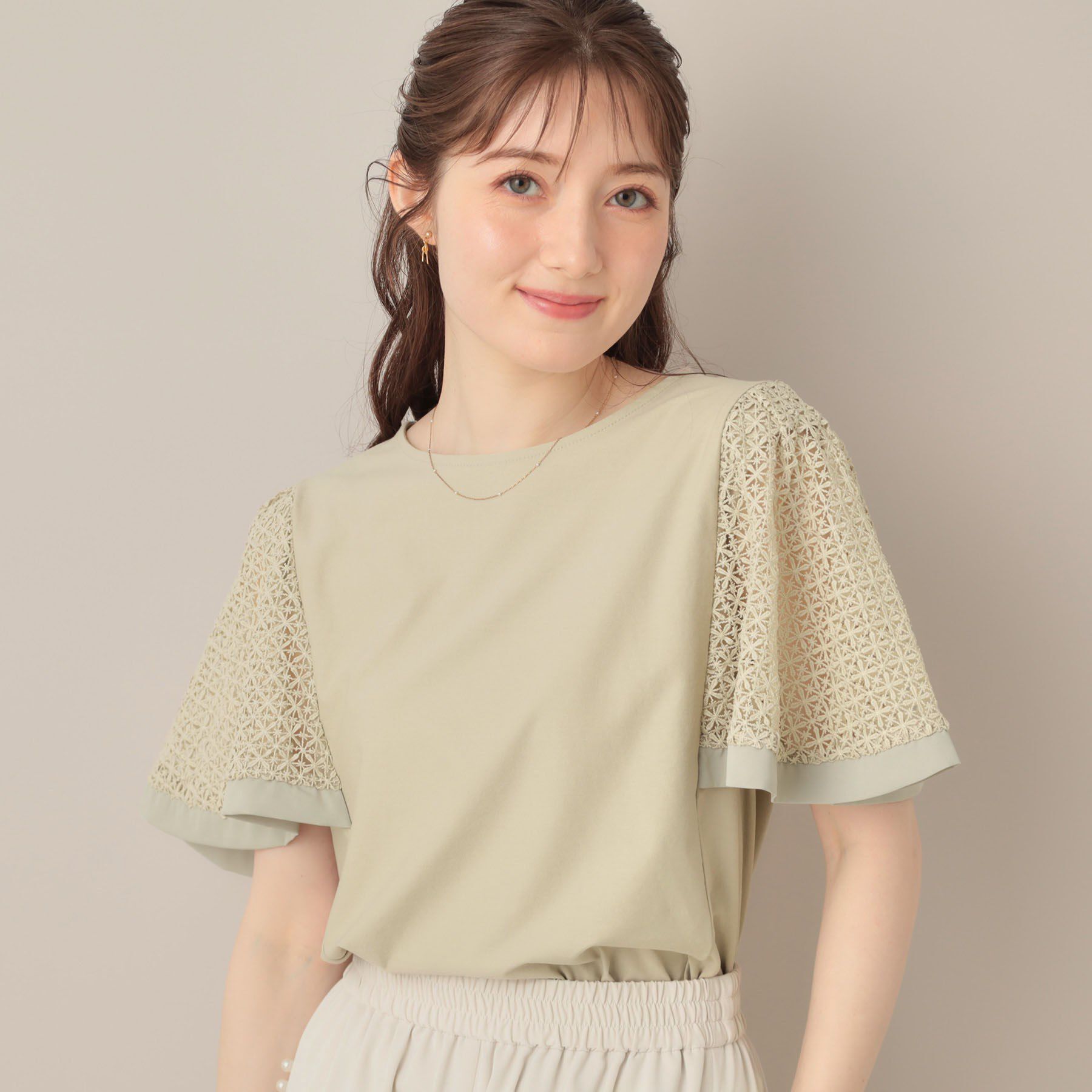 Couture broach「【接触冷感・5分袖】ケミカルレースフレアスリーブトップス」|Tシャツ・カットソー|ミントグリーン(02