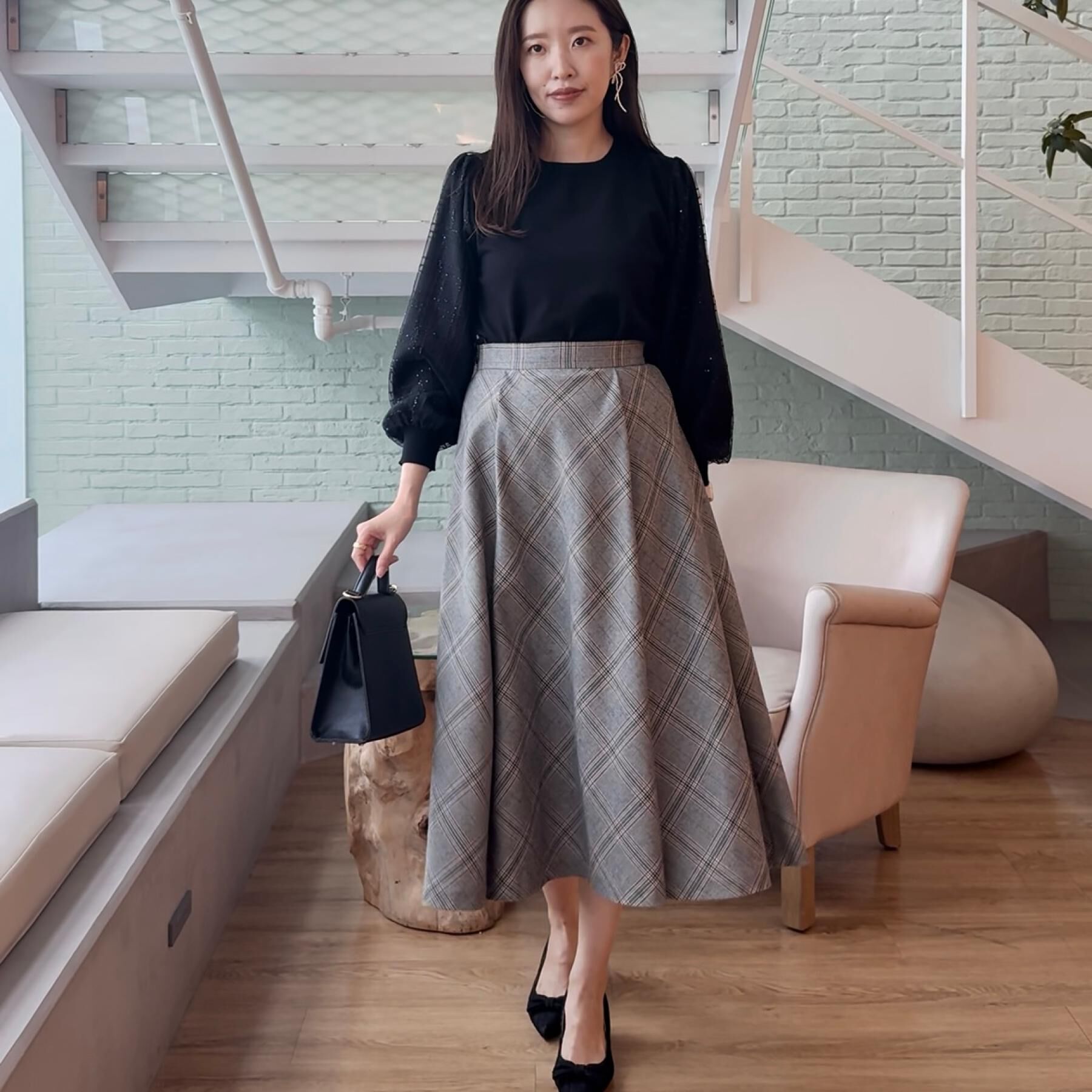 Couture broach「【フェミニン・着映え】袖チェックチュール ドッキングニット」|ニット・セーター|