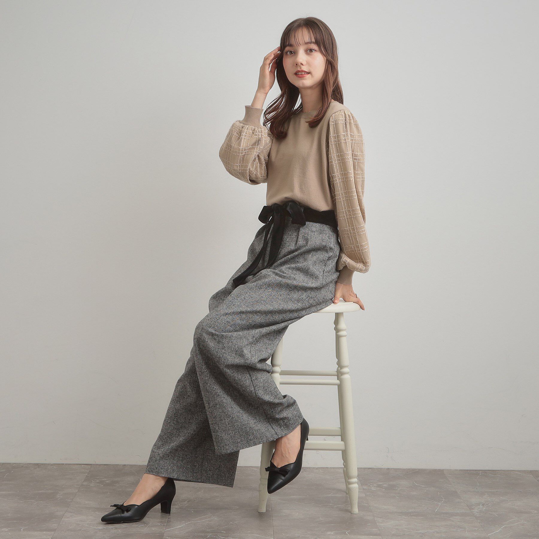 Couture broach「【フェミニン・着映え】袖チェックチュール ドッキングニット」|ニット・セーター|